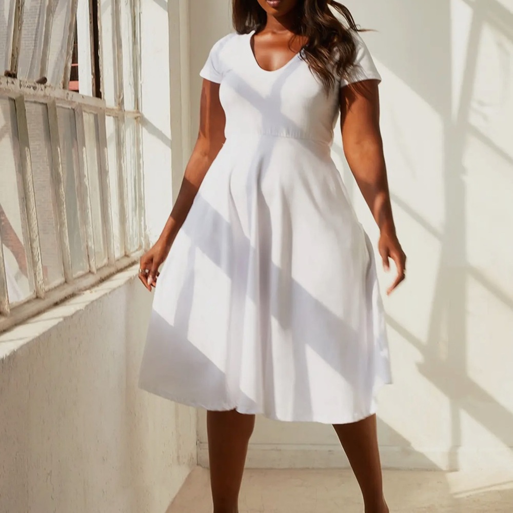 Rebdolls White A-Line Midi Dress with V-Neck